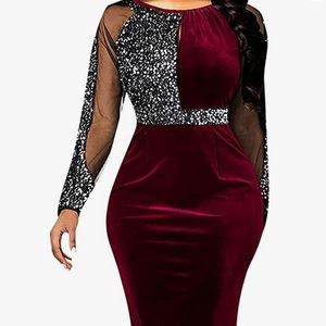 Women’s Plus Size Bodycon Midi Sexy Sparkly Long Sleeve Wedding/ Party Dress